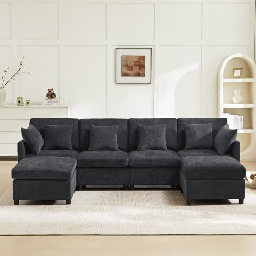 Canapé d'angle Convertible,canapé Convertible 4 Places,en Tissu Chenille avec Repose-Pieds Amovible,canapé Quatre Places en L en U,adapté à la Maison,au Salon,à l'appartement