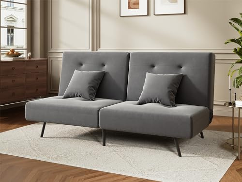 SUNXURY Sofa 180cm Schlafsofa mit Schlaffunktion, 2 Kopfkissen, 3 Verstellbare Winkel (100°-135°-180°), Bettcouch aus Stoff, Klappsofa, Grau