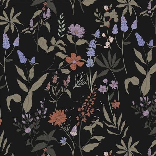 Timeet Self Adhesive Wallpaper Black Floral 44CM×10M Waterproof Peel and Stick Wallpaper Orange Purple Flower Leaf Contact Paper Thicken Sticky Back Plastic Removable Vinyl Wrap for Wall Furniture