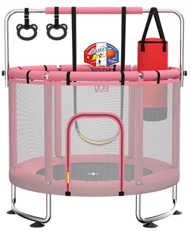 Maxbinton Trampolino per bambini da 140 cm per interni/esterni, capacità di carico 50 kg, con rete di sicurezza, barra da ginnastica regolabile e canestro da basket, regalo per bambini e bambine
