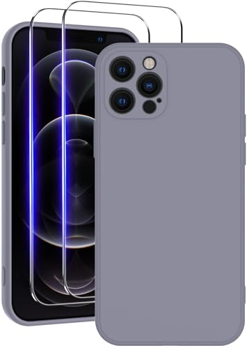 Qasyfanc Soft Silicone Case for iPhone 12 pro with 2 Tempered Glass Screen Protectors, Shockproof, Dust-proof, Full Protection, iPhone 12 pro Cover with Anti-Scratch Microfiber Lining, Lavender Grey