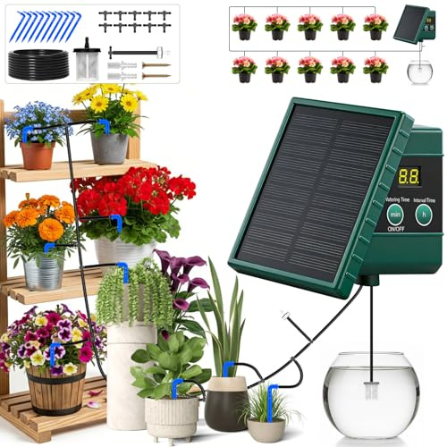 Onherm Kit di Irrigazione Automatica Solar, Irrigazione Solare a Goccia con 10M di Tubo, Automatica Irrigazione per Giardin, Balcone, Piante in Vaso
