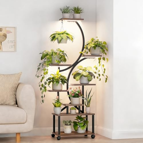 MeYuxg Pflanzenständer mit Rollen, Blumenständer Hoch 159cm mit Wachstumslicht, Metall Holz Pflanzenregal, Innen & Außen Blumentreppe, Dekoratives Schwarz Blumenregal für Indoor Garten Balkon Büro