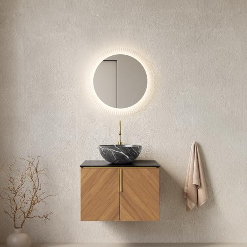 DHWDS Lavabo con mobiletto da 60 cm, in ceramica nera, mobili da bagno con piastra in pietra sinterizzata, a 2 ante, chiusura morbida, effetto legno espresso