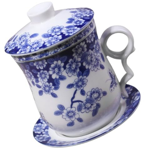 LALAFINA Service à Thé Chinois en Céramique Bleu avec Infuseur, Soucoupe Antidérapante et Design Classique, Dégustation de Thé la Maison