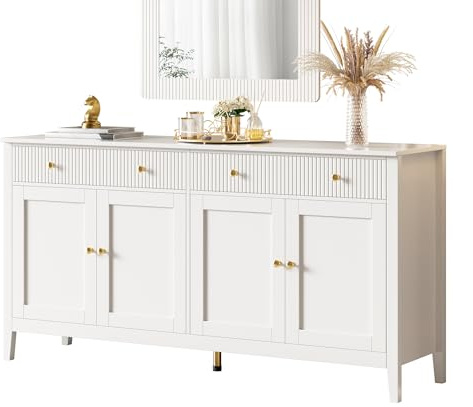 QQJIN Moderner Sideboard Weiss mit 2 Schubladen & 4 Türen, 160x40x82cm Kommode mit Goldgriffen & verstellbaren Böden aus hochwertigem MDF für Wohnzimmer, Küche, Esszimmer und Flur,A