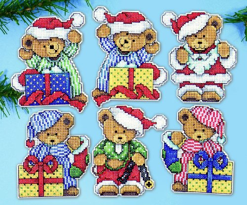 Design Works Crafts Kreuzstich Stickpackung Weihnachtsbaum-Dekoration Kleine Bären 6er Set, Zählmuster