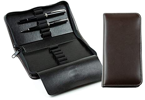 DELMON VARONE - Personalisierbares Federmäppchen Cambridge Top Grain Leder braun, Echtleder Federtasche für Erwachsene, Elegantes Stifteetui mit Reißverschluss für 13 Schreibgeräte inkl. Schutzwand