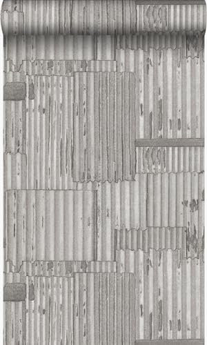 Origin Tapete industrielle Wellplatten aus Metall 3D Hellgrau 53 cm x 10.05 m