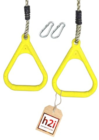 h2i Turnringe aus Kunststoff | Gymnastikringe mit höhenverstellbaren Seilen | inkl. Karabiner | Seilringe für Kinder | Ringe für Schaukel | Indoor & Outdoor | Schaukel Zubehör | gelb