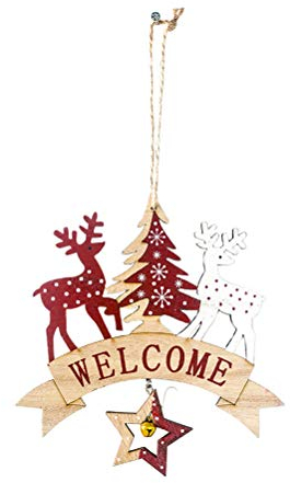 ABOOFAN Weihnachts-Anhänger aus Holz zum Aufhängen, mit Aufschrift Welcome Letter, Elch, Glocke, zum Aufhängen, für Weihnachtsbaum, Tür, Wandbehang