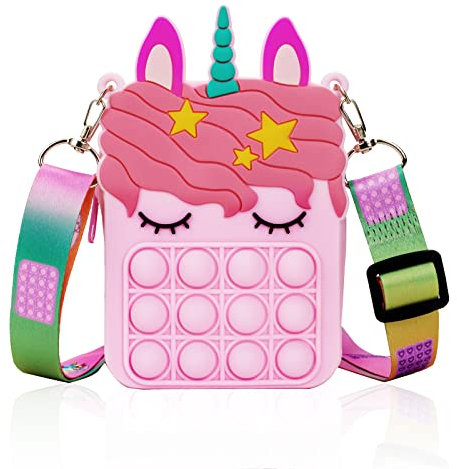 Pop Tasche it Fidget Toys, Popit Push Pop Bubble Anti Stress Spielzeug Handtasche, Pop Einhorn Taschen Spielzeug mit Längenverstellbarem Tragegurt für Kinder Erwachsene (Rosa)
