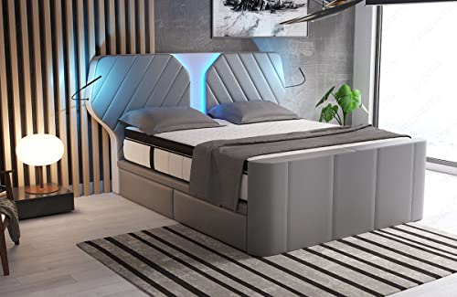 Sofa Dreams Boxspringbett Nizza Lederbett mit LED Beleuchtung RGB Licht Hotelmatratze 140x200 160x200 180x200 200x200 200x220 (160 x 200 cm, Grau-Weiß)