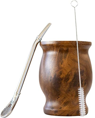 Aolity Juegos de té de Viaje El Juego de Yerba Mate Incluye una Taza de té Mate de Acero Inoxidable 18/8 de Doble Pared, una Bombilla Mate (pajilla), un Cepillo de Limpieza (Madera, 230 ml) Tea Pot