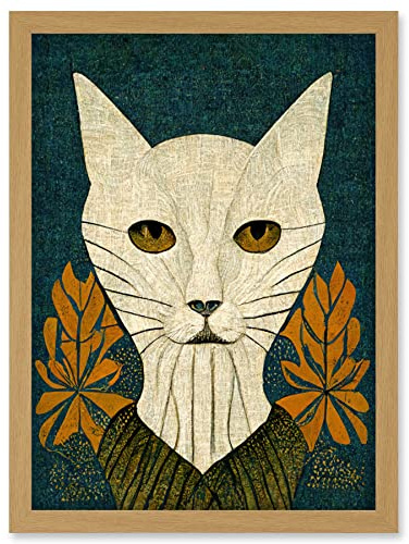 Doppelganger33 LTD Elegant Cat Illustration William Morris Style Teal Mustard Artwork Framed Wall Art Print A4