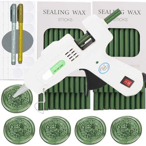 Andotopee Electric Wax Seal Kit - 40pcs Pine Green Sticks, Glue Gun, Mat, 2 Metallic Pens, 70pcs Double Sided Adhesive Dots for