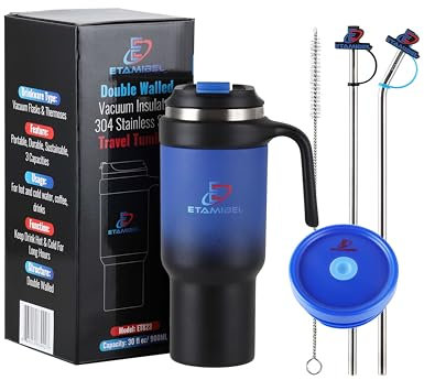 ETAMIBEL 30oz Double Wall Stainless Steel Vacuum Insulated Tumbler with Handle Straw Lid Straw Toppers Straw Brush | Thermos Flask for Water Iced Tea Coffee Smoothie and More| Portable Mug for Travel