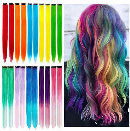 20PCS DIY Clip In Coloured Hair Extensions for Kids, Girls, Women - 22 Inch Silky Rainbow Straight Extensions, 10 Colours for Party Highlights and Crazy Hair Day