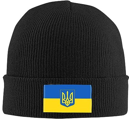 501 Beanie Mütze Ukraine Wappen Flagge Schwarz Strickmütze Unisex Cuffed Hats Warm Wintermütze Für Wandern Radfahren Fischen