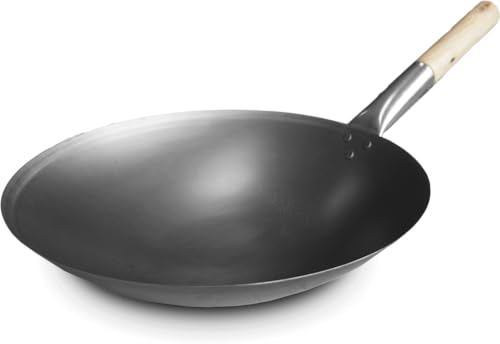 Professionnel - Grande Poêle Wok Ø40 cm XXL en Acier Inoxydable - Fond Rond, Poignée, Compatible Induction - Fer, Fonte, Japonais