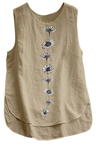 Damen Blusentop Ärmellose -Leinen Tank Top Sommer T Shirt Rundhals Leinenbluse Blumen Drucken Tunika Bluse Vest Tanktop Weste Bequem Oberteil Baumwolle Tanktops & Träger-Tops für Frauen