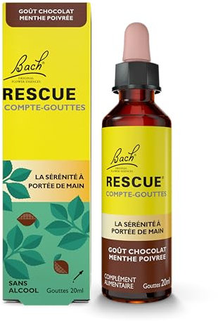 RESCUE - Compte-Gouttes Chocolat Menthe - Sans Alcool - Mélange de 5 Fleurs de Bach Original - Idéal pour les stress du quotidien : voyages, examens, réunions, journées chargées