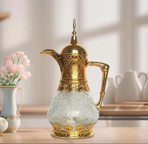 Teiera marocchina in vetro, caffettiera in stile arabo, teiera da 1600 ml, caraffa termica per festival, colore: oro