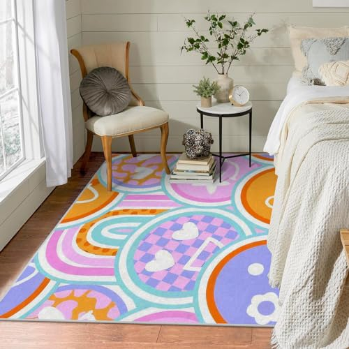 Waschbar in Waschmaschine Wohnzimmer Teppich Bunt Smiley-Gesicht 70x140 Kurzflor Teppich Schlafzimmer, Regenbogen Teppich Gegend Dünn Bettvorleger Saugfähig für Jugendzimmer Jungen Mädchen