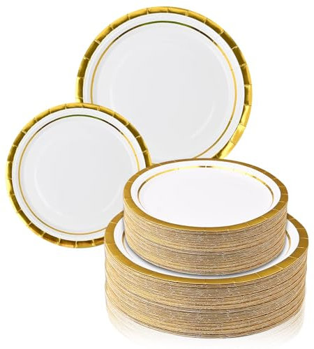 ASMIZ 100 Pc White Paper Party Plates, Disposable Round Dinner Plates Party Tableware, White and Gold Rim Paper Dessert Plates for Graduation, Birthday Decorations, Christmas