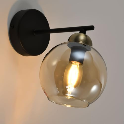 LQWELL® E14 Wandleuchte Kugelglas Lampenschirm, Retro Wandlampe Innen 1 Flammig Wandbeleuchtung Wandspot für Schlafzimmer Wohnzimmer Hotel Treppe, Mattschwarz Antikgrün Cognacfarbene Glasabdeckung