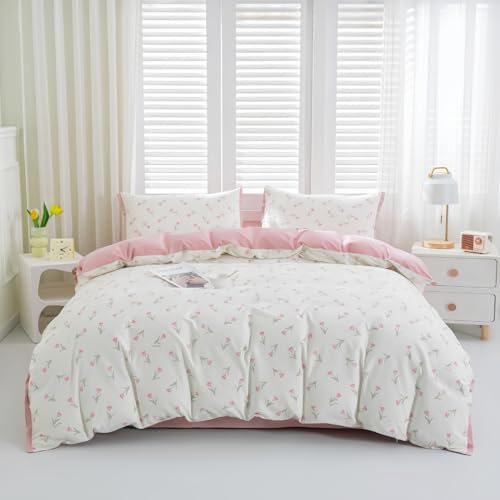 Nayoroom Bettwäsche 135x200 Baumwolle 4teilig Rosa Tulpen Aesthetic Blumig Romantisch Bettzeug Set Weiß mit Blümchen Floral Blumenwiese Deckenbezug mit Reißverschluss und 2 Angenehm Kissenbezüge 80x80