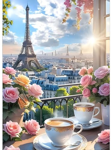 GDYEEH Kaffee Diamond Painting Erwachsene, 5D Blumen Diamant Painting Bilder Anfänger, DIY Eiffelturm Runder Vollbohrer Diamanten Malerei Stickerei Kreuzstich Geschenke Home Wand Dekor 30x40cm