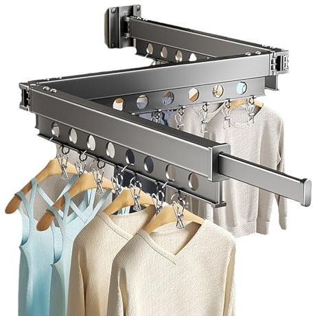 LEIDIMUS Stendibiancheria da parete, allungabile, per biancheria, 3 scomparti, con 24 ganci, per lavanderia, balcone, bagno, nero