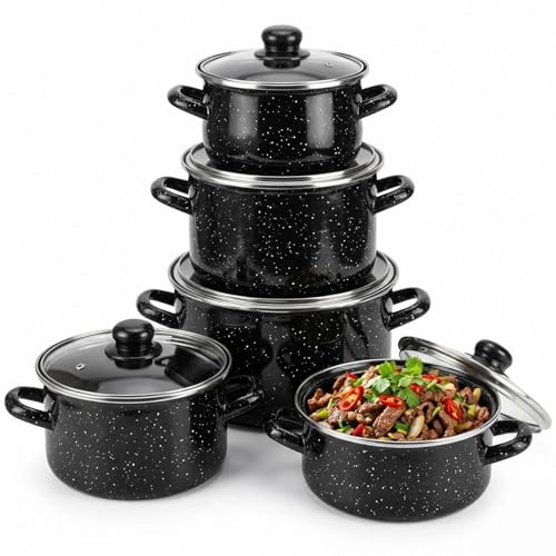 Enamelware Pot Set 5pcs - Cooking Pots with Lids, Enamel Stockpot Set for Soup Stew, Induction Compatible Vintage Cookware, Glass Lid Kitchen Pot Set (Black)