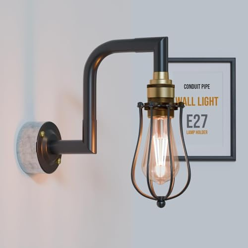 LEDSone Industrial Wall Light 20mm Conduit Steel Pipe Wall Sconce Kit | Modern Black Metal Cage E27 Lamp Holder Fitting Conduit Wall Mounted Lighting for Living Room Dining Room Kitchen
