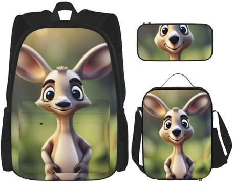 OXKGHHO Lustiges Cartoon-Känguru-Zoo-Druck-Arbeitsrucksack-Set mit isolierter Lunchbox, verstellbaren Trägern, für Fitnessstudio und den täglichen Gebrauch, Schwarz, Einheitsgröße