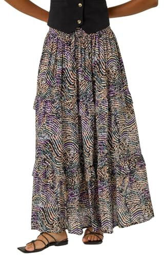 Roman Originals Gypsy Maxi Skirt for Women UK Ladies Tiered Bohemian Long Ankle Length Cotton Elasticated Waistband High Waist Monochrome Lounge Lightweight Holiday - Black Abstract - Size 14
