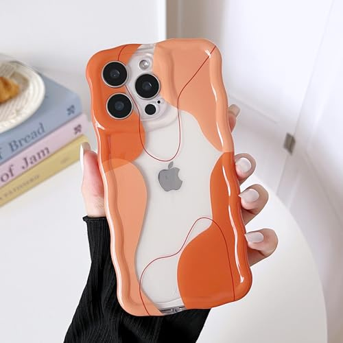 DEFBSC for iPhone 14 Pro Case Cute Clear Wavy Curly Design,Orange | Wave Frame Colour Mix Aesthetic Pattern Durable Stylish Shockproof Soft Phone Cover for Women Girls Full Camera Protection