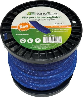 SikuroTech Filo per Decespugliatori Twist 3.50 mm x 48 m, Quadrifoglio Attorcigliato Taglio Silenzioso, Nylon Alta Resistenza, cod. 30363, Universale per Tagliabordi e Decespugliatori (Twist 3,50x48)