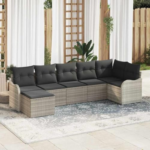 QJBSAVVA 7-Teiliges Garten-Sofa-Set Hellgrau 121 x 61,5 x 69 cm Poly-Rattan Eckcouch mit Tisch und Lounge-Kissen Modular für Balkon Terrasse und kleinen Garten