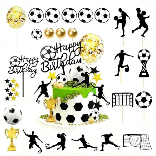 Bogoro 33 Stück Tortendeko Fussball - Fußball Deko Geburtstag | Dekoration für Geburtstagskuchen -Kuchen Deko für Geburtstagstorte Fußballparty Mottoparty (schwarz)