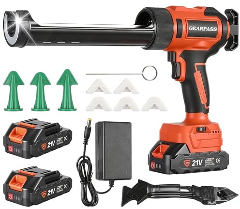 Cordless Electric Caulking Gun,10Pcs Caulking Finisher Kit, 1300LB Thrust, 6-Speed, 2 * 2000mAh, Anti-Drip Auto-Retract, LED Light, Caulk Gun for RV Sealing, DIY & Professional Use