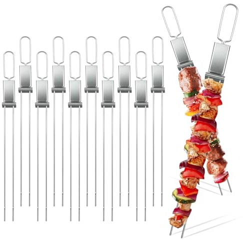 10 Stück Schaschlikspieße Edelstahl, 33cm Grillspieße Edelstahl Schaschlikspieße Zweizinkige BBQ Wiederverwendbare für Camping Grillparty Fleisch Fisch Gemüse