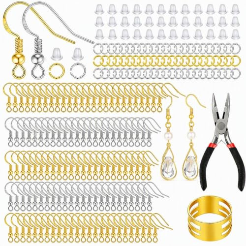 Flhlxzm 602 Pcs Earring Kit, Gold Silver Hooks Jump Rings Tools | Hypoallergenic, Silicone Backs, DIY Jewellery Making Supplies, for Handmade Crafts