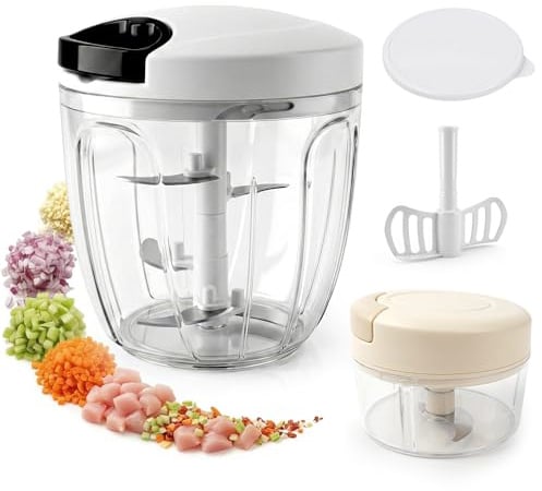 FACCIAC Juego de picadora manual de cebollas de 900 ml y picadora multiusos de 200 ml, fácil de usar, con cuchillas de acero inoxidable, tapa y mezclador, libre de BPA, para verduras, frutas y ajo.