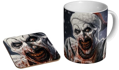 mugmart Terrifier Clown Horror - Ceramic Coffee Mug + Coaster Gift Set - Scary Gothic Nightmare Art Dark Thriller Gift