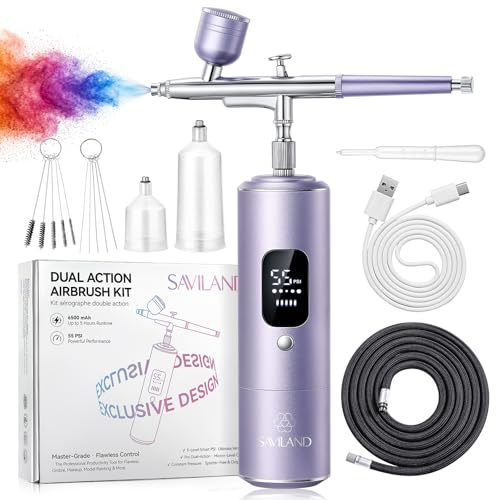 SAVILAND Master Grade Airbrush Kit with Compressor: 55 PSI Dual-Action Airbrush for Nails with Screen Clog-Free 6500mAh Large Battery Rechargeable Airbrush Gun for Ombré French Nails Makeup Salon Use