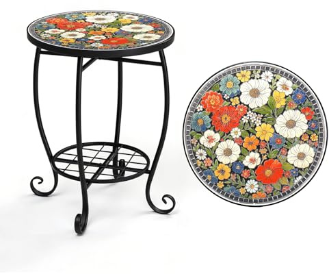 Bonnlo Mosaic Garden Table, Round Side Table with 35cm Ceramic Top, Small Plant Stand for Indoor/Outdoor, Vibrant Floral