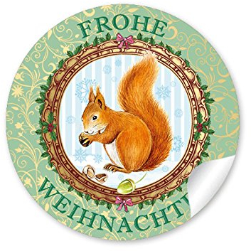 24 Weihnachtsaufkleber FROHE WEIHNACHTEN EICHHÖRNCHEN GRÜN NOSTALGIE VINTAGE RETRO Weihnachten • Papieraufkleber Sticker Aufkleber Etiketten • Format 4 cm rund matt