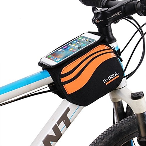 Fahrradtasche Fahrrad Rahmentasche, Frarradschnalletasche mit 3 Taschen für Mountain Bike, Fahrrad Handy Tasche mit PVC Schirm passend bis zu 5.8 Bildschirm, 16 * 17 * 12.5cmcm (Orange)